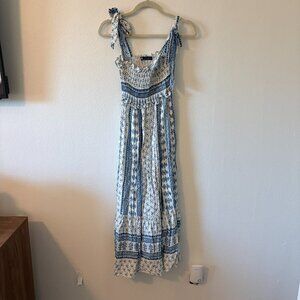 Zara Blue White Block Print Midi Dress Oversized M L XL Tie Shoulder